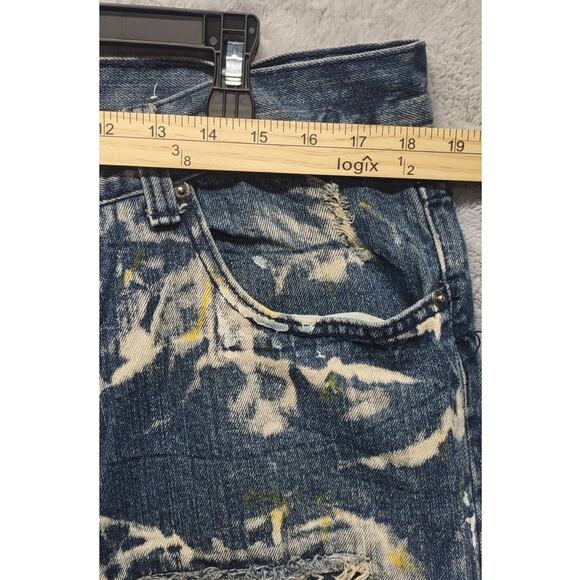 Diamond Stash Mens Jorts Jean Shorts Distressed Paint Splatter Yellow Smoke Wash - Picture 3 of 9
